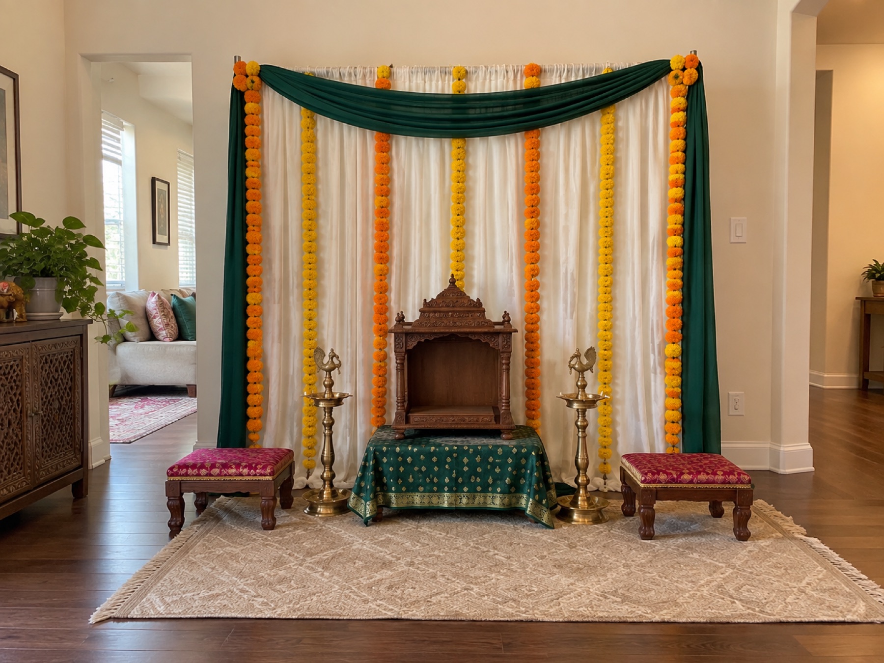 A puja setup with marigold garlands, a carved wooden mandir, brass lamps and low stools in a living room
